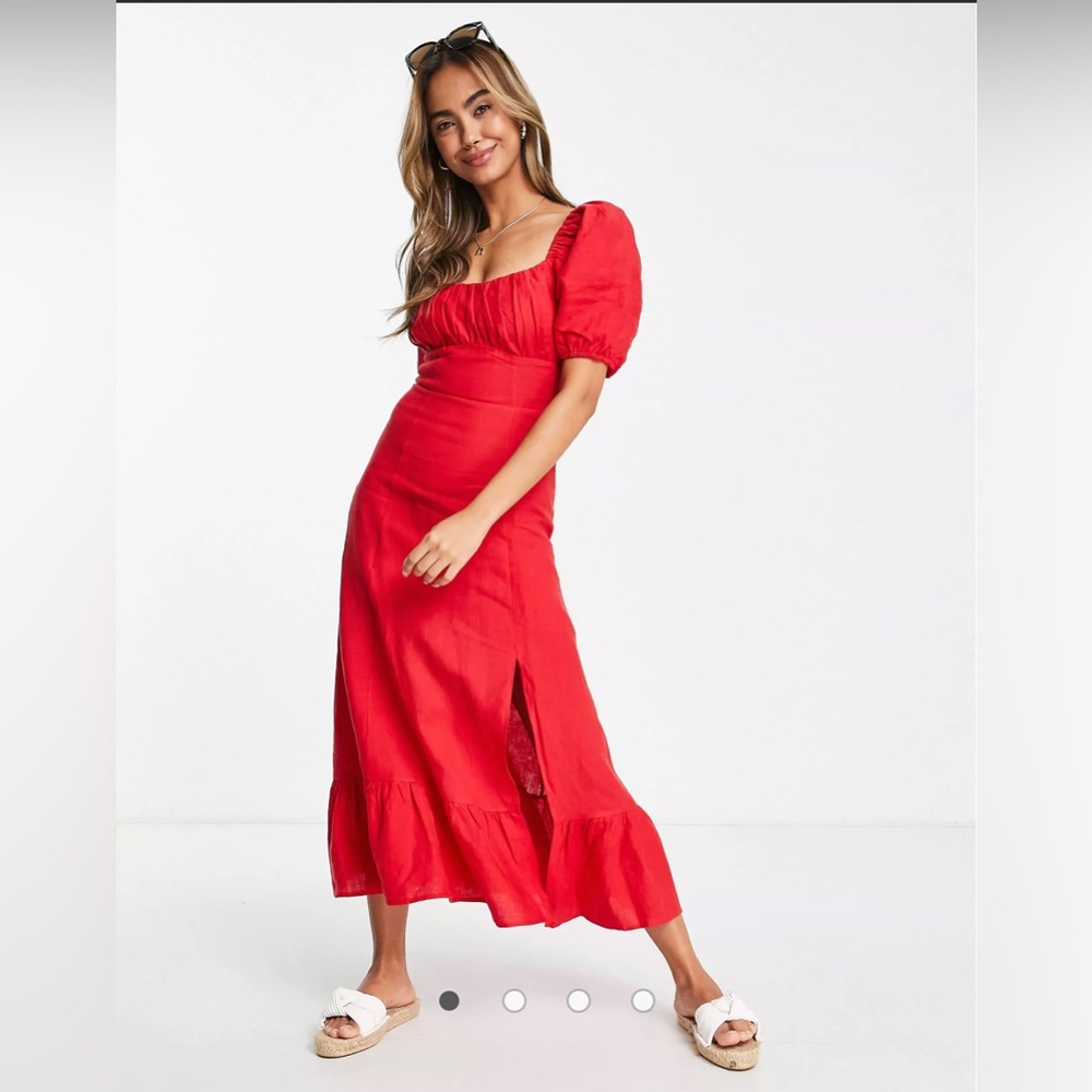 & Other Stories Puff Sleeve Linen Midi Dress in red